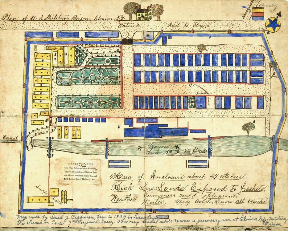 Plan of Military Prison at Elmira NY Drawn by David J. Coffman who was a Prisoner at the Camp.