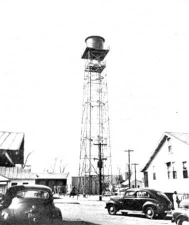 SCR-296-A Radar Set in Charleston HD. Note the Wooden Antenna Housing Disguised as a Water Tank on Top of the Tower.